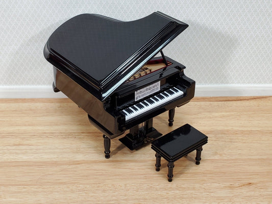 Miniature Grand Piano with Bench Seat Instrument 1:12 Scale Dollhouse Black Finish - Miniature Crush