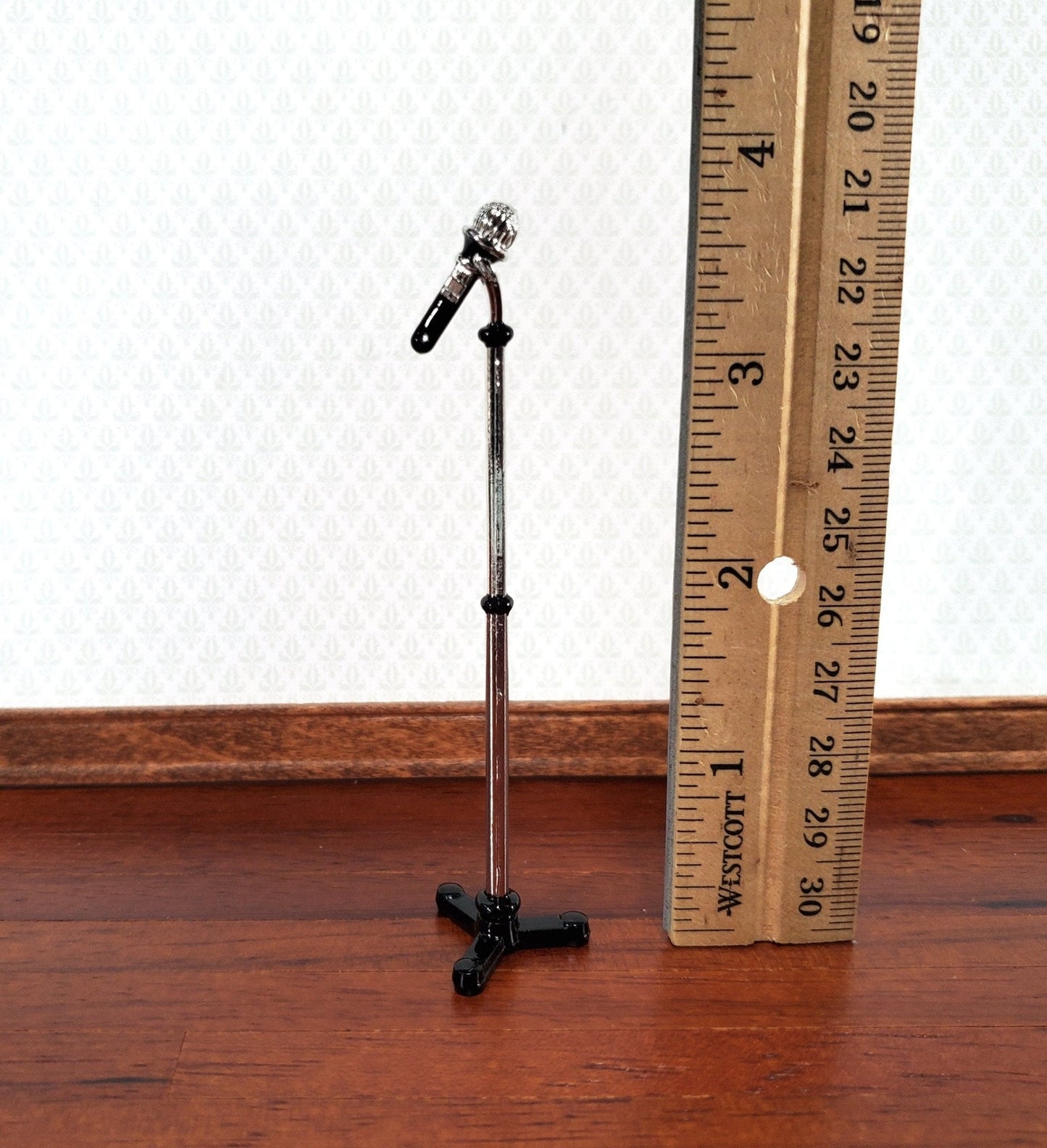Miniature Modern Microphone on Stand Metal 1:12 Scale 3 5/8" tall - Miniature Crush
