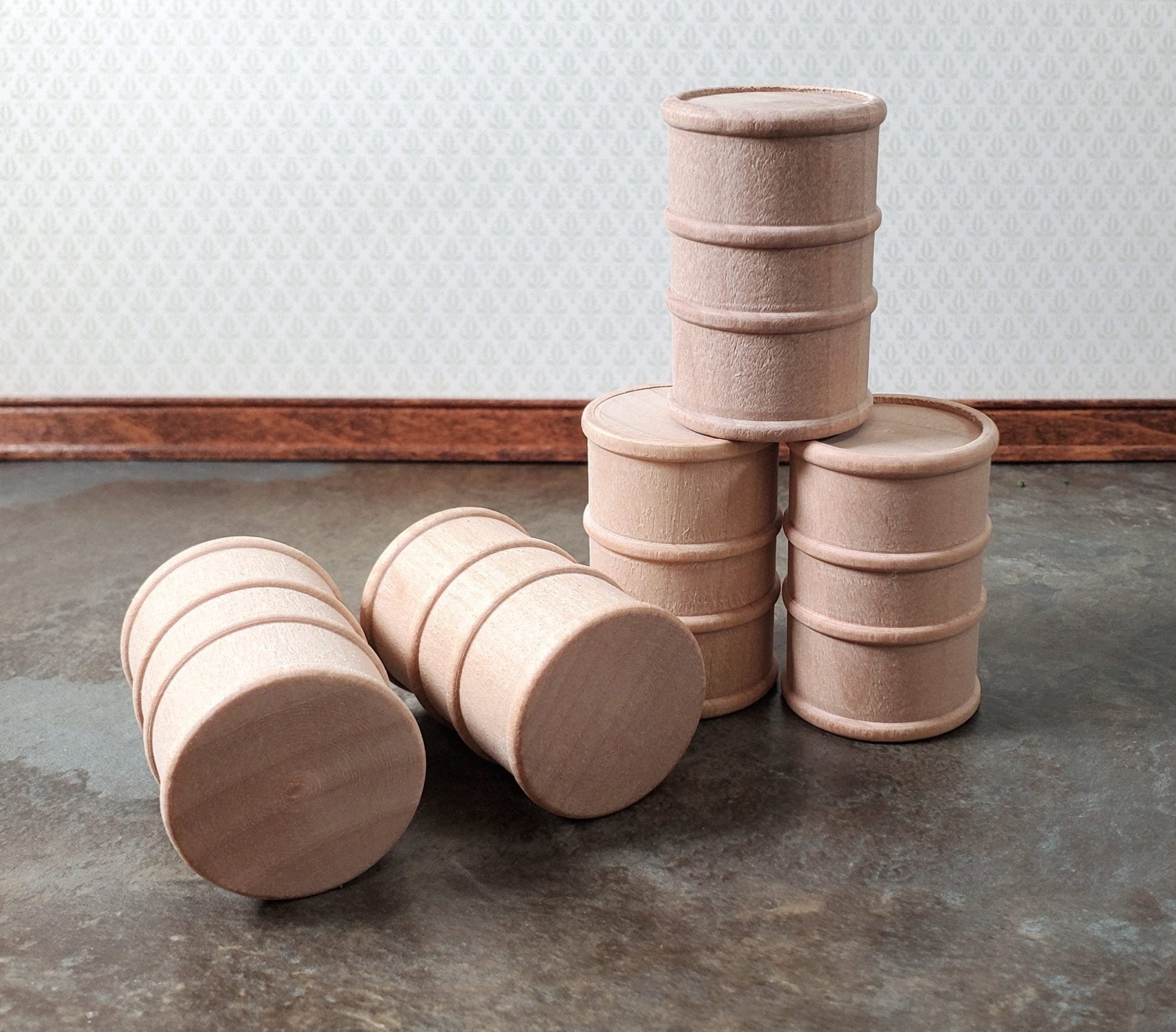 Miniature Oil Barrel Drum Wood Small 1 5/8" Tall Set of 5 Model Building Scenery - Miniature Crush