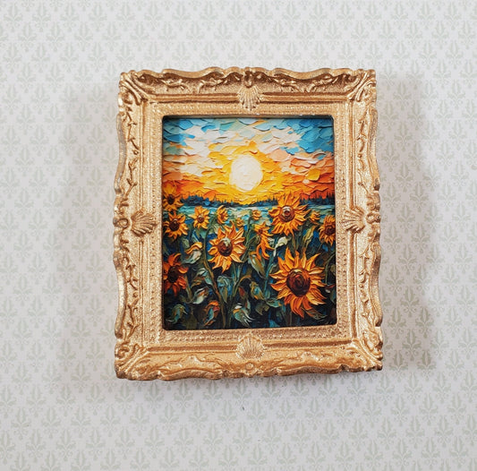 Miniature Sunflower Framed Art Print Palette Knife Style 1:12 Scale Dollhouse - Miniature Crush